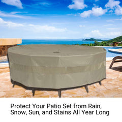 Image of a round patio table covered with the Formosa Covers Patio Conversation Set Cover for Round Table 104