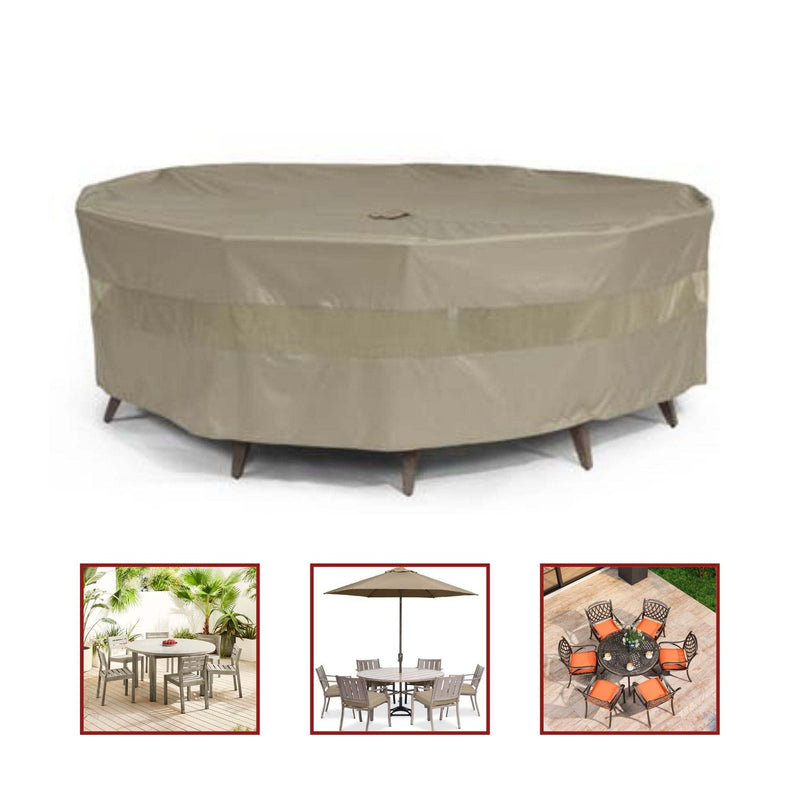 The main image showcases the Formosa Covers Patio Conversation Set Cover for Round Table, 104" Diameter by 31" Height, in Classic Taupe with an umbrella hole. Below, there are three smaller images: one of a patio dining set with chairs around a table in a garden, another of the dining set under an umbrella, and the last of a table set with orange chairs on a deck. This water-resistant cover ensures your furniture stays protected.