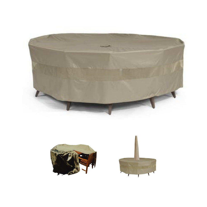 The image displays three different types of tan-colored, water-resistant outdoor furniture covers. The first cover is for a round table with eight chairs, the second is for a square table with chairs, and the third is Formosa Covers' mildew-resistant "Patio Conversation Set Cover" in Classic Taupe, designed for a 104" diameter round table with an umbrella hole.