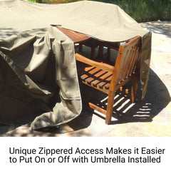 A wooden patio table and chairs covered by a Formosa Covers Patio Conversation Set Cover for Round Table, 104