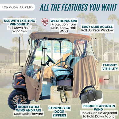2 Passenger Driveable Golf Cart Enclosure Golf Cart Rain Cover YKK Door Zippers - Taupe - Formosa Covers
