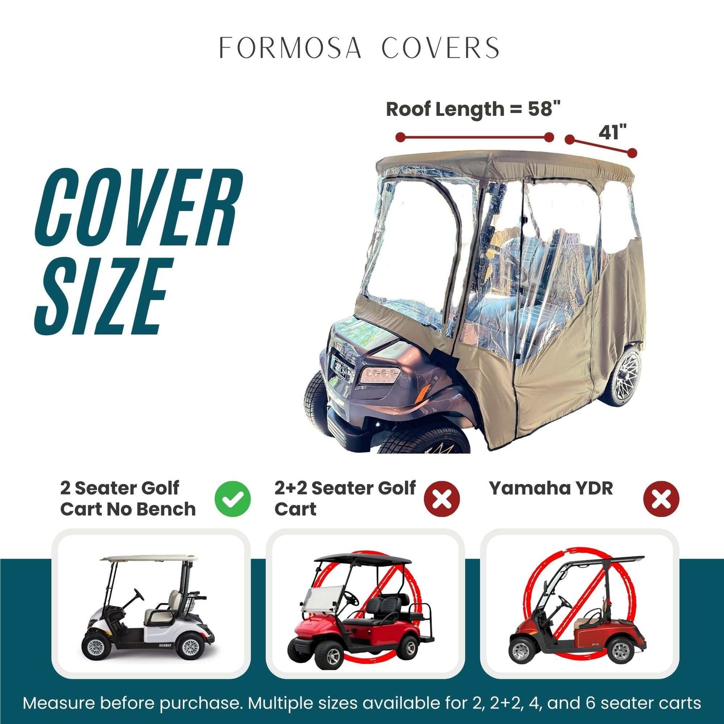 2 Passenger Driveable Golf Cart Enclosure Golf Cart Rain Cover YKK Door Zippers - Taupe - Formosa Covers
