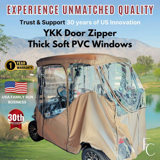 2 Passenger Driveable Golf Cart Enclosure Golf Cart Rain Cover YKK Door Zippers - Taupe