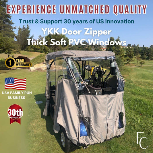 2 Passenger Driveable Golf Cart Enclosure Golf Cart Rain Cover YKK Door Zippers - Grey