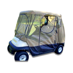 The Formosa Covers 2 Passenger Golf Cart Mesh Driving Enclosure Cover with Mosquito Netting is designed to snugly fit around the cart, featuring beige and black shades. This sun screen driving enclosure has clear plastic windows that provide protection from the elements while maintaining visibility. The cart rides on four wheels and proudly displays 