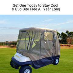 A 2 Passenger Golf Cart on a golf course, fitted with the Formosa Covers' 2 Passenger Golf Cart Mesh Driving Enclosure Cover with Mosquito Netting. The protective mesh cover shields the cart from bugs and the elements. The sky is clear with a few clouds, and trees are visible in the background. Text above reads, 