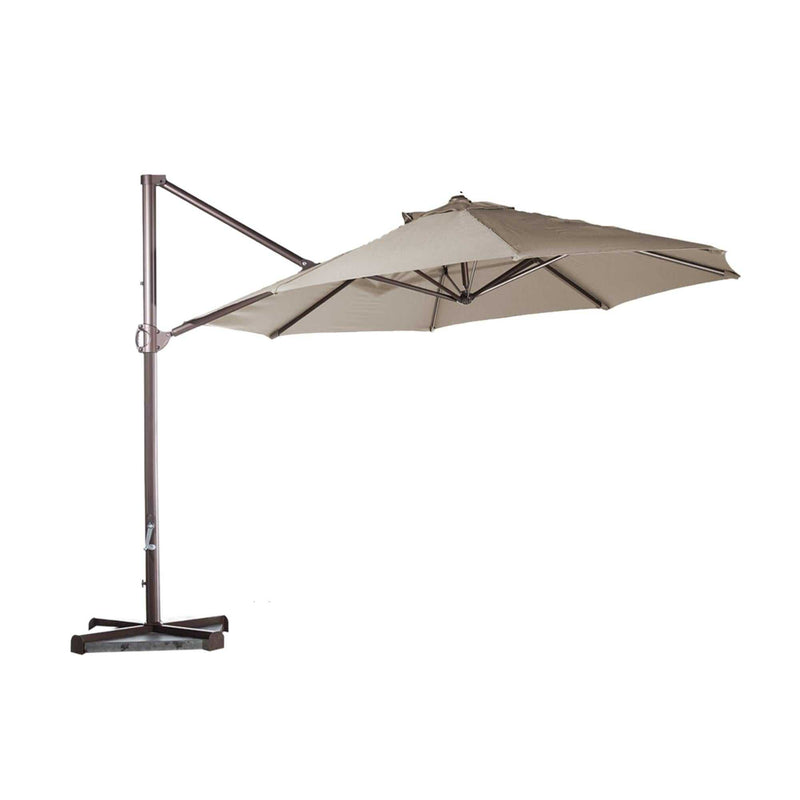 A large taupe cantilever patio umbrella from Formosa Covers, featuring a sturdy brown metal frame, is positioned to provide shade. The UV-treated 10ft Cantilever Supported Bar Umbrella with an 8 rib replacement canopy is open, showcasing its durable design. The base is sturdy and designed to support the off-center pole structure.