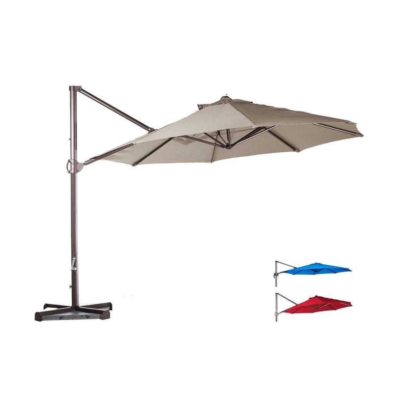 Image of the 10ft Cantilever Supported Bar Umbrella 8 Rib Replacement Canopy in Taupe by Formosa Covers, featuring a sturdy brown metal frame and base. Two smaller images show the same umbrella available in blue and red, highlighting the color options. Made from durable non-fray 300 denier polyester fabric, it includes a water-resistant replacement canopy.