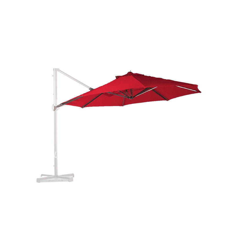 The Formosa Covers 11ft Cantilever Supported Bar Umbrella with an 8 rib replacement canopy in red, features a white frame and base. Made from durable 300 Denier polyester fabric, this umbrella offers adjustable shade and can be angled for optimal coverage. Showcasing a modern and sleek design perfect for outdoor settings, it is UV-treated and water-resistant for lasting use.