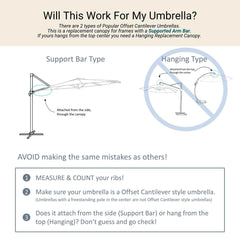 Diagram explaining the support bar and hanging types for the Formosa Covers 11ft Cantilever Supported Bar Umbrella 8 Rib Replacement Canopy in Red. It illustrates the support bar attached from the side and the hanging type attached from the center. Instructions emphasize measuring your umbrella style accurately to avoid mistakes and ensuring your replacement canopy features durable, UV-treated polyester fabric.