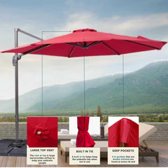 A large red 10ft Cantilever Supported Bar Umbrella with a side pole, from Formosa Covers, is displayed in an outdoor setting with mountains in the background. Highlighted features include a large top vent, built-in tie, and deep pockets for securing the canopy's durable 300 denier polyester fabric that’s UV treated and water-resistant.