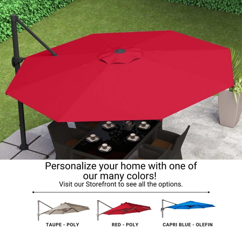 An 11ft Cantilever Supported Bar Umbrella with 8 Rib Replacement Canopy in Red, crafted by Formosa Covers from durable polyester fabric and UV treated for lasting protection, is displayed over a dining table and chairs on a tiled patio. Smaller images feature the same umbrella canopy in taupe, red, and Capri blue. Visit our storefront to personalize or find a replacement patio umbrella canopy.