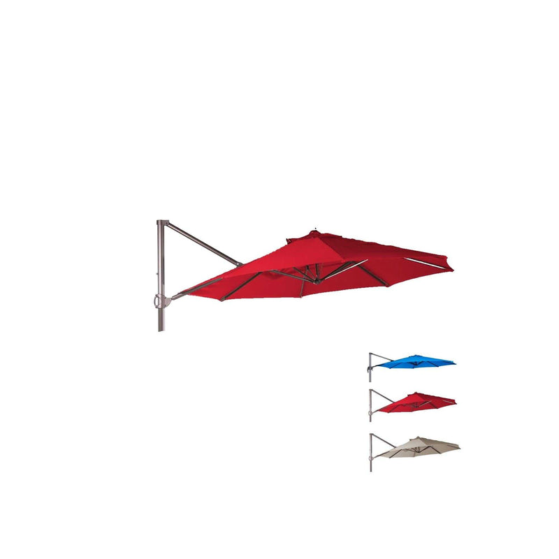 Image of three wall-mounted patio umbrellas in different colors. The main focus is on the Formosa Covers 11ft Cantilever Supported Bar Umbrella with an 8-rib Replacement Canopy in red, made from durable 300 denier polyester, with smaller insets showing blue and beige versions below it. The umbrellas have a cantilever design, attached to a vertical pole and an adjustable arm.