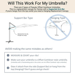 Here's a guide to determine the compatibility of a replacement canopy for an offset cantilever umbrella, featuring two popular types: Support Bar Type (side attachment) and Hanging Type (top attachment). The 