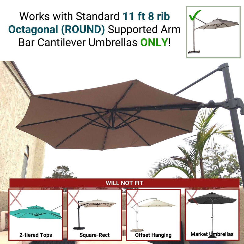 A taupe octagonal umbrella with a cantilever arm is open outdoors. Text at the top indicates its compatibility with standard 11 ft 8 rib round cantilever umbrellas. Made of durable, UV-treated and water-resistant polyester fabric, it excludes 2-tiered tops, square-rectangular, and offset hanging umbrellas. This product is the 11ft Cantilever Supported Bar Umbrella 8 Rib Replacement Canopy by Formosa Covers.