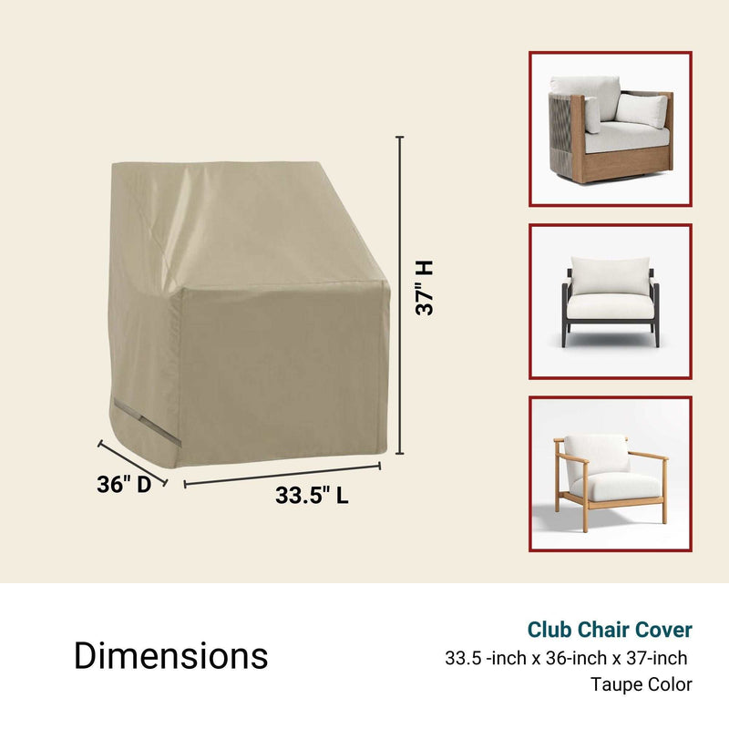 Diagram of the Classic Taupe Patio Outdoor Club Chair Cover by Formosa Covers, sized at 33.5"L x 36"D x 37"H, ideal for safeguarding outdoor furniture in all seasons. Displayed on the right are three chairs exhibiting various styles. Text highlights "Club Chair Cover," dimensions, and comprehensive protection throughout the year.