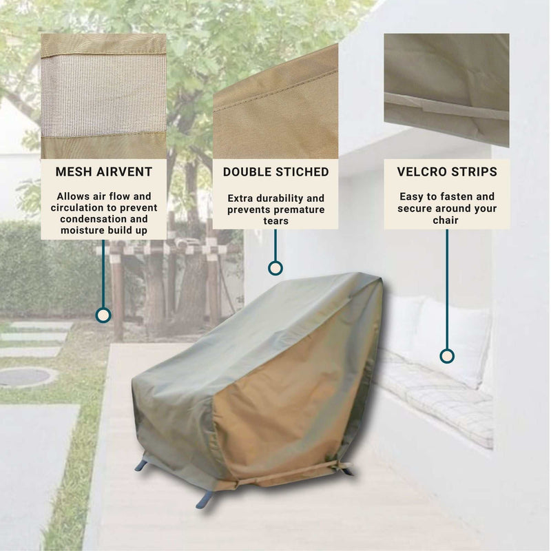 The Patio Outdoor Club Chair Cover 33.5"L x 36"D x 37"H in Classic Taupe by Formosa Covers is designed for a garden setting, offering features such as mesh air vents for airflow, double stitching for enhanced durability, and Velcro strips for secure fastening, ensuring all-season and optimal outdoor furniture protection.