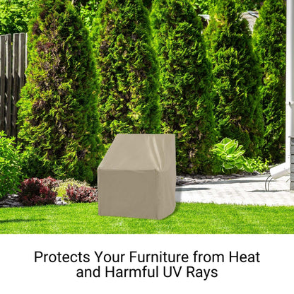 A garden scene featuring a Club Chair covered with the Patio Outdoor Club Chair Cover, available in Classic Taupe by Formosa Covers, offering all-season protection. The chair is placed on green grass with tall, lush evergreen trees in the background. Text below reads: "Protects Your Furniture from Heat and Harmful UV Rays.