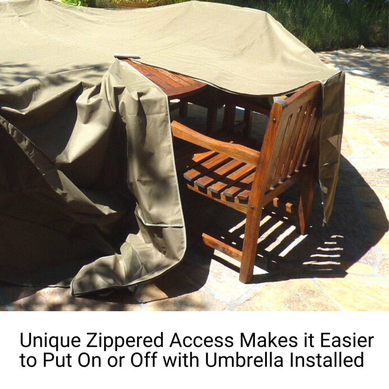 A patio table is protected by the Formosa Covers Patio Set Cover for Rectangular or Oval Tables, measuring 120"L x 86"W x 45"H in classic taupe. This cover, made from green UV-treated polyester, features a convenient zippered access that allows for easy removal or installation even with an umbrella in place. The cover partially reveals the wooden chairs beneath. Text below reads, "Unique Zippered Access Makes it Easier to Put On or Off with Umbrella Installed.