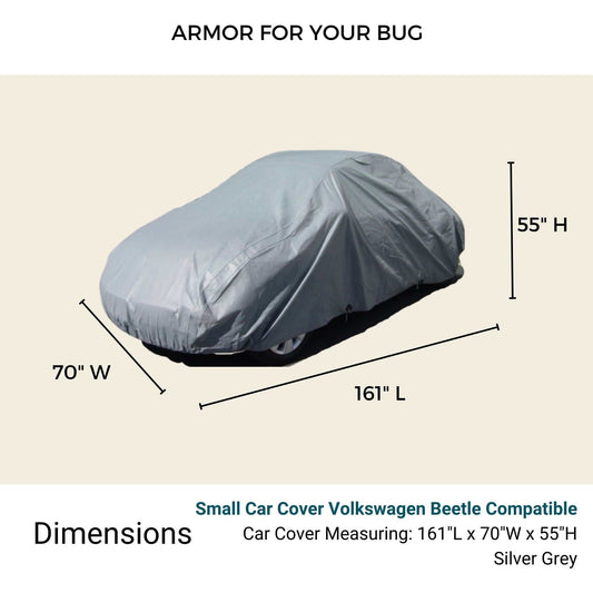 A grey car cover, specifically the "Car Cover for Volkswagen Beetle, Small Sports Car Armor" from Formosa Covers, is displayed fully covering a Volkswagen Beetle with dimensions marked as 161" L x 70" W x 55" H. The text above reads "ARMOR FOR YOUR BUG," indicating superior protection. The cover is described as silver grey in color and serves as a heavy-duty car cover for your VW Beetle.