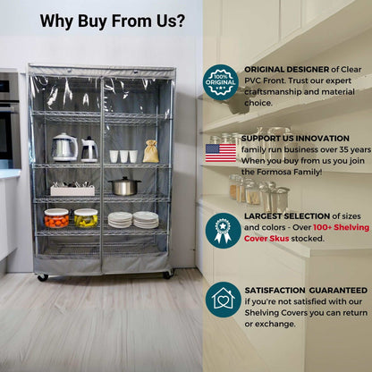 A visual display of a kitchen setup featuring a Storage Shelving Unit Cover by Formosa Covers, designed to fit 48"W x 18"D x 72"H racks, in Grey. The clear PVC panel shelf cover protects various kitchen items while icons emphasize the company's principles: "Original Designer", "Support US Innovation", "Largest Selection," and "Satisfaction Guaranteed.