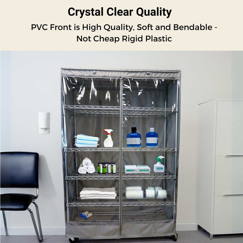 A Formosa Covers Storage Shelving Unit Cover fits racks 48"W x 24"D x 72"H and features a transparent PVC-fronted panel in grey, perfect for neatly organized shelves with cleaning supplies and folded towels. To the left is a black chair, and on the right is a white cabinet. The top text reads: "Crystal Clear Quality PVC Front is High Quality, Soft and Bendable - Not Cheap Rigid Plastic." Now featuring water-repellent materials for added durability.