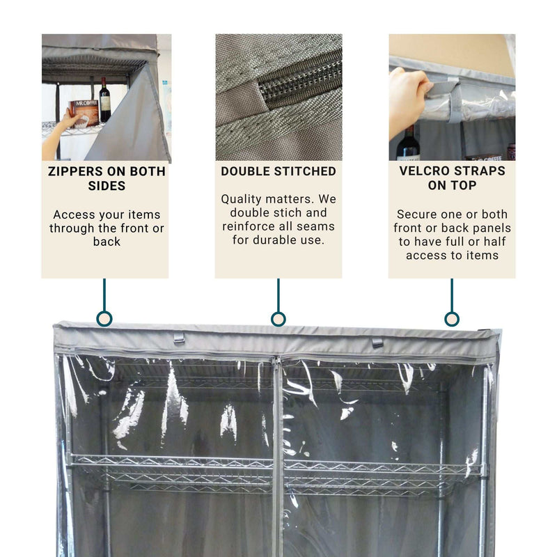 Image of a Storage Shelving Unit Cover by Formosa Covers (fits racks 48"W x 18"D x 72"H, available in Grey - 6 Pack) with three text descriptions. Left: "Zippers on Both Sides - Access your items through the front or back." Center: "Double Stitched - Quality matters. We double stitch and reinforce all seams for durable use." Right: "Velcro Straps on Top - Secure one or both panels to have full or half access to items." Plus, it’s water-repellent.