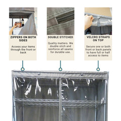 Storage Shelving Unit Cover fits racks 72W x 18D 72H one 72x18x72 Shelving Unit Cover Prevent Dust Clear Front Easy Access Zippers Grey Gray High Quality Durable Commercial Grade Dimensions Image Formosa Covers Hospital Law Office Kitchen Garage Shelves Organization dimensions multi functional zippers and velcro straps