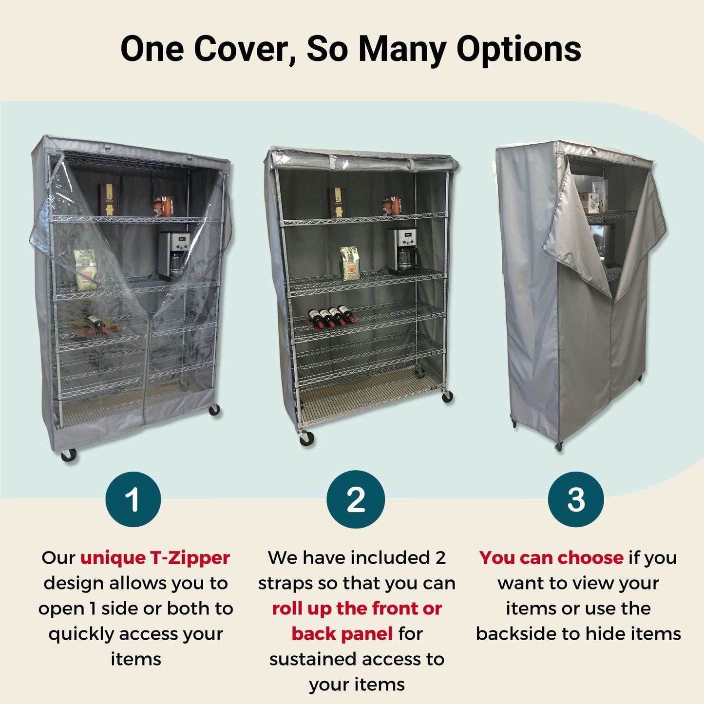 A storage shelving unit cover with three images showcasing different setups. The first image depicts the "Storage Shelving Unit Cover" by Formosa Covers partially unzipped, revealing items inside. The second image displays the front panel, which is made of a clear PVC material, rolled up. The third image shows the entire front panel rolled to one side. Text explains various cover options for this cover that fits racks 24"W x 18"D x 72"H and features a see-through panel on one side in Grey.