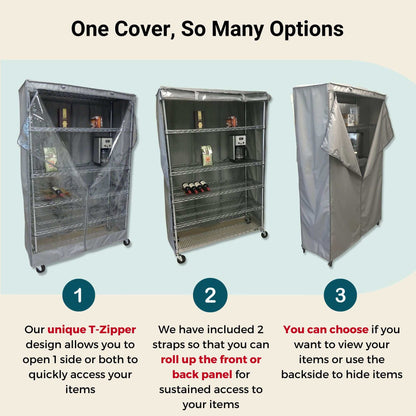 A storage shelving unit cover with three images showcasing different setups. The first image depicts the "Storage Shelving Unit Cover" by Formosa Covers partially unzipped, revealing items inside. The second image displays the front panel, which is made of a clear PVC material, rolled up. The third image shows the entire front panel rolled to one side. Text explains various cover options for this cover that fits racks 24"W x 18"D x 72"H and features a see-through panel on one side in Grey.