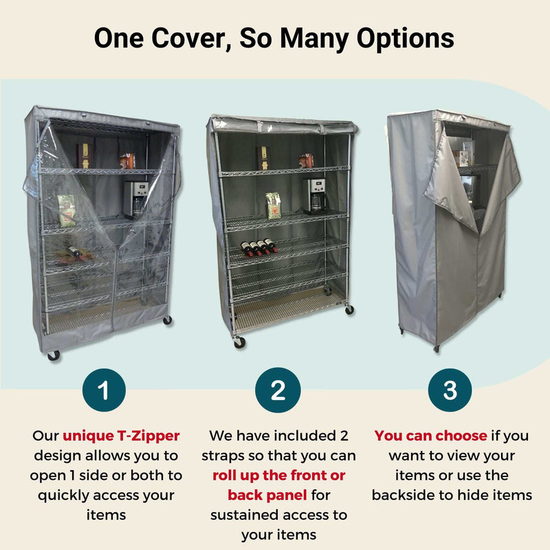 Three images of the Formosa Covers Storage Shelving Unit Cover (fits racks 48"W x 18"D x 72"H in Grey - 6 Pack) are shown with descriptions. 
1: The cover features a unique T-Zipper for quick access to items. 
2: The water-repellent cover has straps to roll up the front or back panel. 
3: You can choose to view or hide items using the clear PVC panel by adjusting the cover.