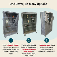 Three images of the Formosa Covers Storage Shelving Unit Cover (fits racks 48