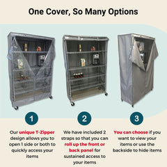 Storage Shelving Unit Cover fits racks 72W x 18D 72H one 72x18x72 Shelving Unit Cover Prevent Dust Clear Front Easy Access Zippers Grey Gray High Quality Durable Commercial Grade Dimensions Image Formosa Covers Hospital Law Office Kitchen Garage Shelves Organization dimensions so many ways to easily access your items