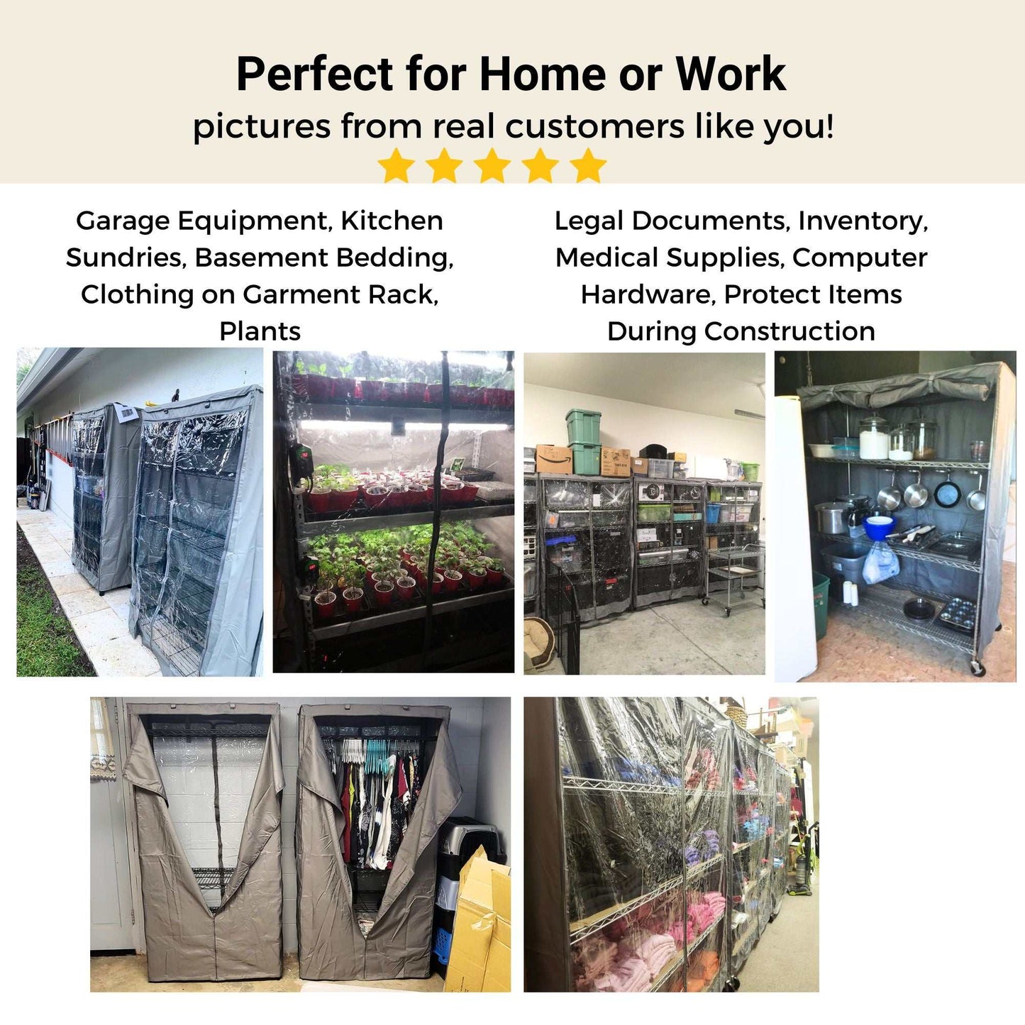 A collage of images depicting the Formosa Covers Storage Shelving Unit Cover being used in various settings: a garage with tools, a kitchen with plants, a shed with legal documents, an organized basement, and a construction site. The cover features water-repellent polyester fabric and fits racks 48"W x 18"D x 72"H. Text reads, "Perfect for Home or Work - pictures from real customers like you.