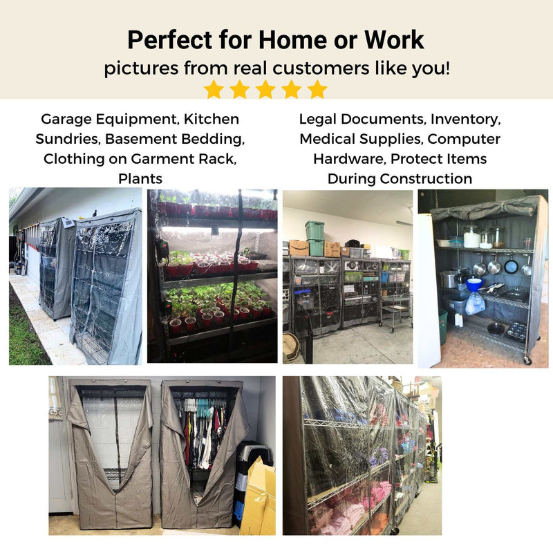 A collage of images depicting the Formosa Covers Storage Shelving Unit Cover being used in various settings: a garage with tools, a kitchen with plants, a shed with legal documents, an organized basement, and a construction site. The cover features water-repellent polyester fabric and fits racks 48"W x 18"D x 72"H. Text reads, "Perfect for Home or Work - pictures from real customers like you.