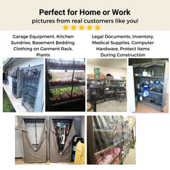 A collage of images displaying various storage setups, featuring garage equipment, kitchen sundries, gardening supplies, plants on racks, legal documents, inventory, medical supplies stored behind a clear PVC panel in grey covers by Formosa Covers (fits racks 48