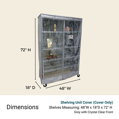 The Formosa Covers Storage Shelving Unit Cover in grey, designed to fit racks measuring 72 inches in height, 48 inches in width, and 18 inches in depth. This water-repellent cover features a clear PVC panel for visibility of the contents inside. The unit is mounted on wheels and accommodates two visible shelves.