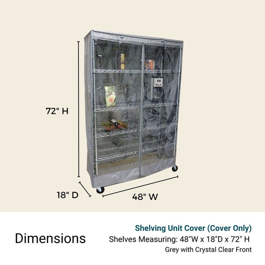 The Formosa Covers Storage Shelving Unit Cover in grey, designed to fit racks measuring 72 inches in height, 48 inches in width, and 18 inches in depth. This water-repellent cover features a clear PVC panel for visibility of the contents inside. The unit is mounted on wheels and accommodates two visible shelves.