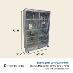 The Formosa Covers Storage Shelving Unit Cover in grey, designed to fit racks measuring 72 inches in height, 48 inches in width, and 18 inches in depth. This water-repellent cover features a clear PVC panel for visibility of the contents inside. The unit is mounted on wheels and accommodates two visible shelves.