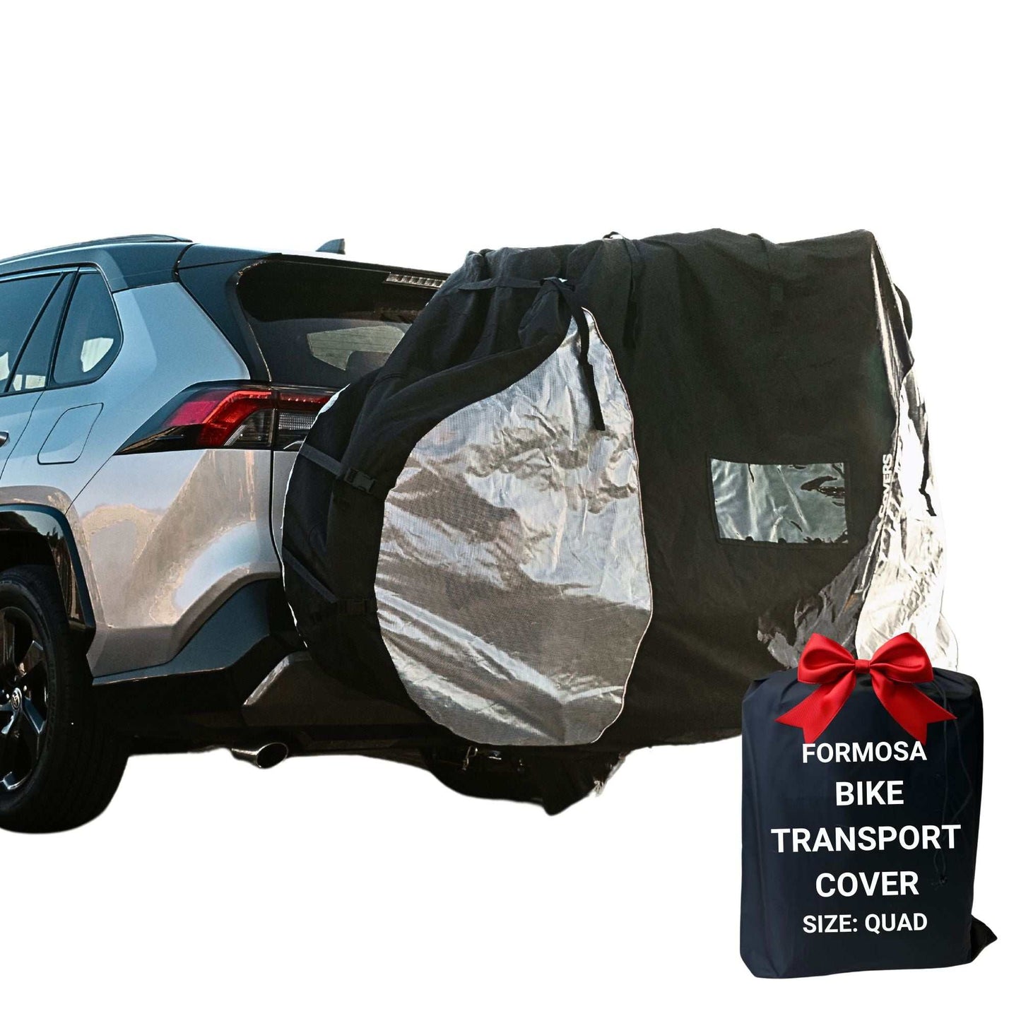 Quad bike rack cover for transport with translucent ends, fits 3-4 bikes, protects from dirt and UV damage, installed on SUV.