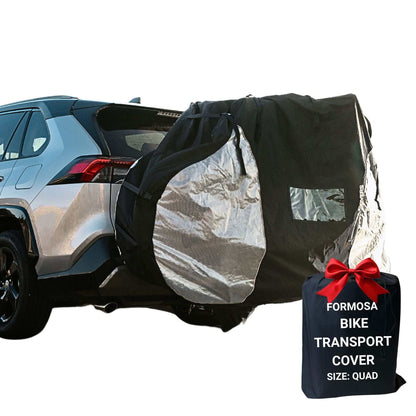 Quad bike rack cover for transport with translucent ends, fits 3-4 bikes, protects from dirt and UV damage, installed on SUV.