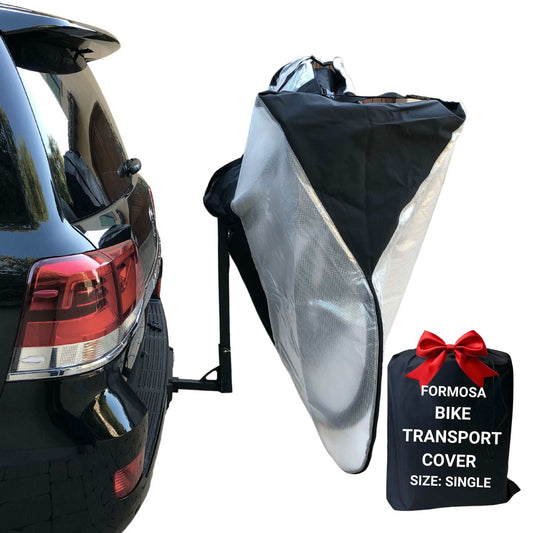 Extra large bike transport cover with translucent ends on hitch rack, protects from UV and water, for single bike.