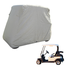 A grey, UV-treated protective cover from Formosa Covers is shown on a golf cart in the main part of the image, emphasizing its snug fit and weather-resistant material. In a smaller inset image at the bottom right, a beige and black golf cart is visible without the 2 Passenger Golf Cart Storage Cover.