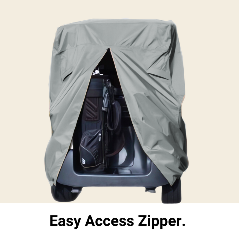 A 2 Passenger Golf Cart Storage Cover Grey by Formosa Covers, featuring a gray, UV-treated protective cover with an easy-access zipper partially opened to reveal a golf bag inside. The text "Easy Access Zipper" is displayed below the image.