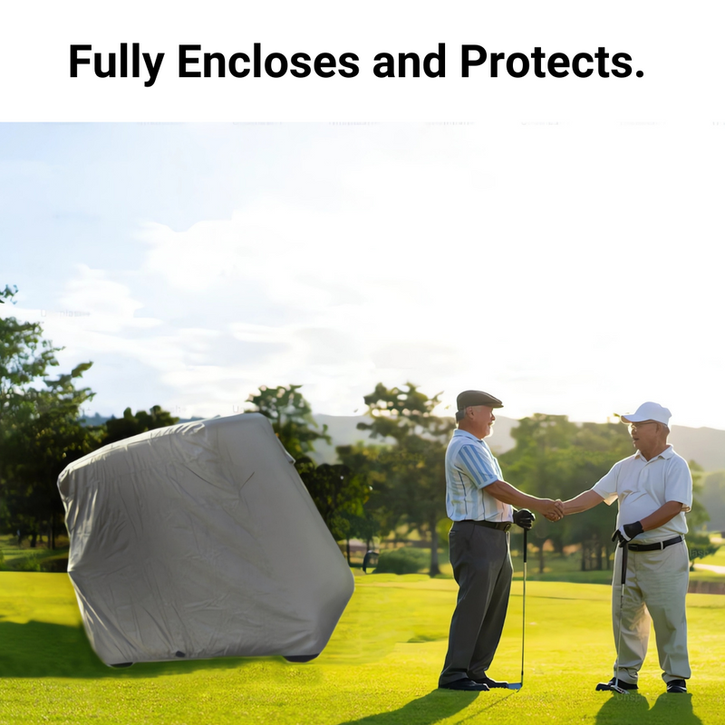 Two men stand on a golf course, shaking hands while holding golf clubs. The man on the left is wearing a hat, and both are dressed in golf attire. To their left hovers a large, partially transparent gray cover labeled "2 Passenger Golf Cart Storage Cover Grey" by Formosa Covers, noted for its waterproof undercoating. Above them, text reads: "Fully Encloses and Protects.