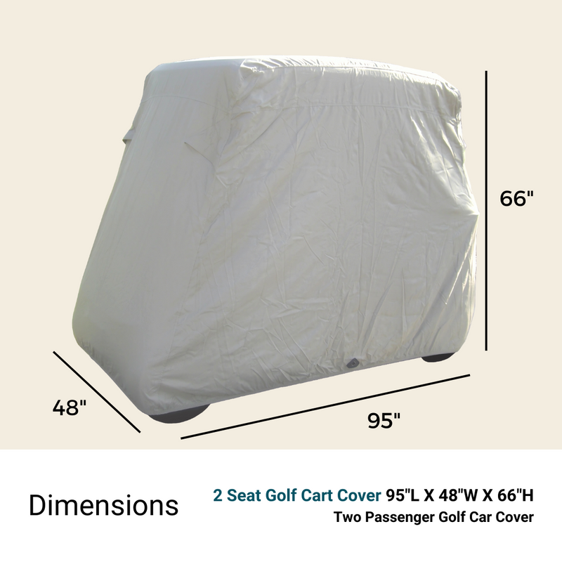 A covered golf cart is shown with dimensions noted: 95 inches in length, 48 inches in width, and 66 inches in height. The text below reads "Dimensions Waterproof Golf Cart Cover 2 Seat: 95"L x 48"W x 66"H. Heavy Duty UV Treated Satin Polyester with Elastic Hem and Reinforced Grommets by Formosa Covers. Product Name: 2 Passenger Golf Cart Storage Cover Grey.