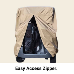 A Formosa Covers 2 Passenger Golf Cart Storage Cover in taupe, featuring a UV-treated and waterproof design, with a convenient front zipper for easy access. The zipper is open, revealing golf clubs stored inside. The background is plain, and the text below reads 