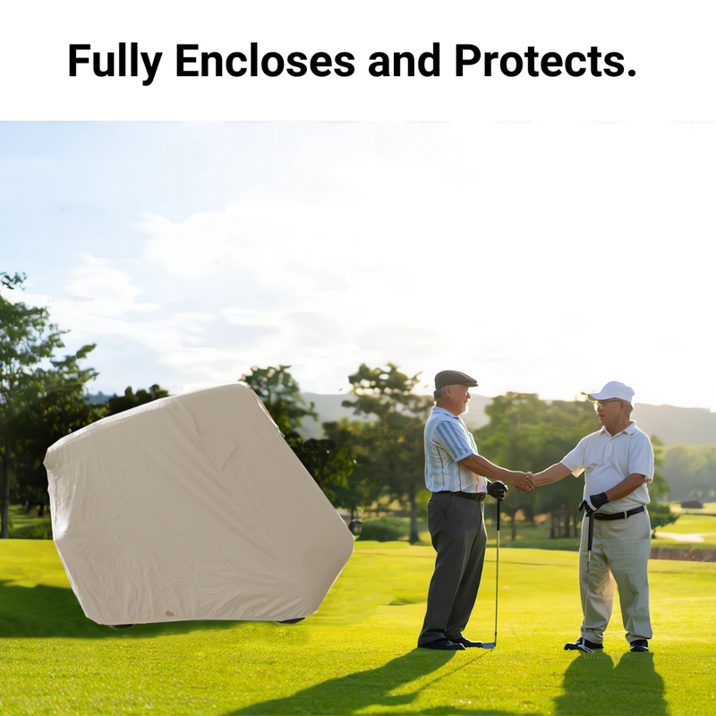 Two men stand on a golf course, shaking hands while smiling at each other. To their left is a golf cart covered with the 2 Passenger Golf Cart Storage Cover in Taupe from Formosa Covers. Text at the top reads, "Fully Encloses and Protects." The waterproof and UV-treated cover ensures durability. Trees and hills are visible in the background.