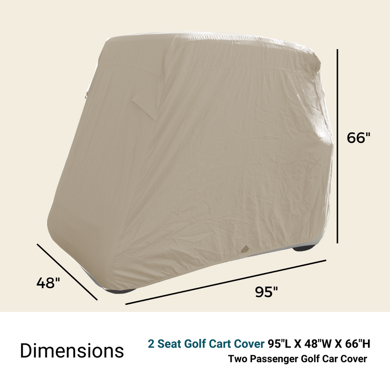 The image shows a taupe golf cart cover. The dimensions listed are 95 inches in length, 48 inches in width, and 66 inches in height. The text reads "2 Passenger Golf Cart Storage Cover Taupe, UV Treated Waterproof Material, 95”L x 48”W x 66”H," by Formosa Covers.