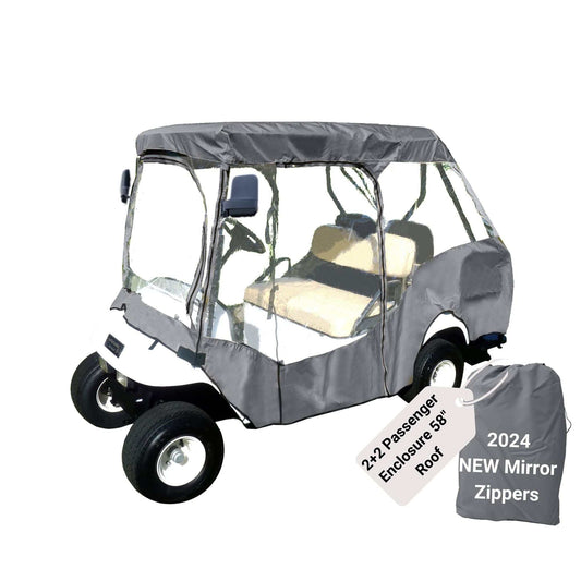 A Formosa Covers 2+2 Passenger Golf Cart Driving Enclosure Cover, designed for a 58" short roof, fits this white EZ GO golf cart perfectly. It features a gray, transparent weather enclosure with the 2024 NEW Mirror Zippers and durable YKK Door Zipper for longevity. A cover bag is displayed next to the cart.